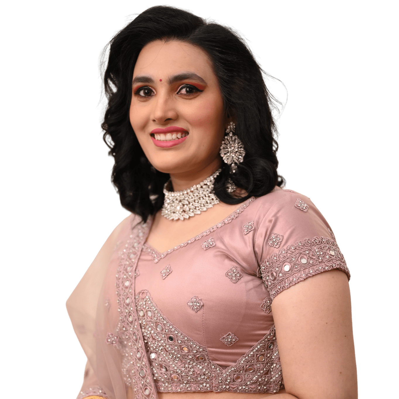 a woman enjoying the makeup, she's applying makeup brush on her cheek bones.